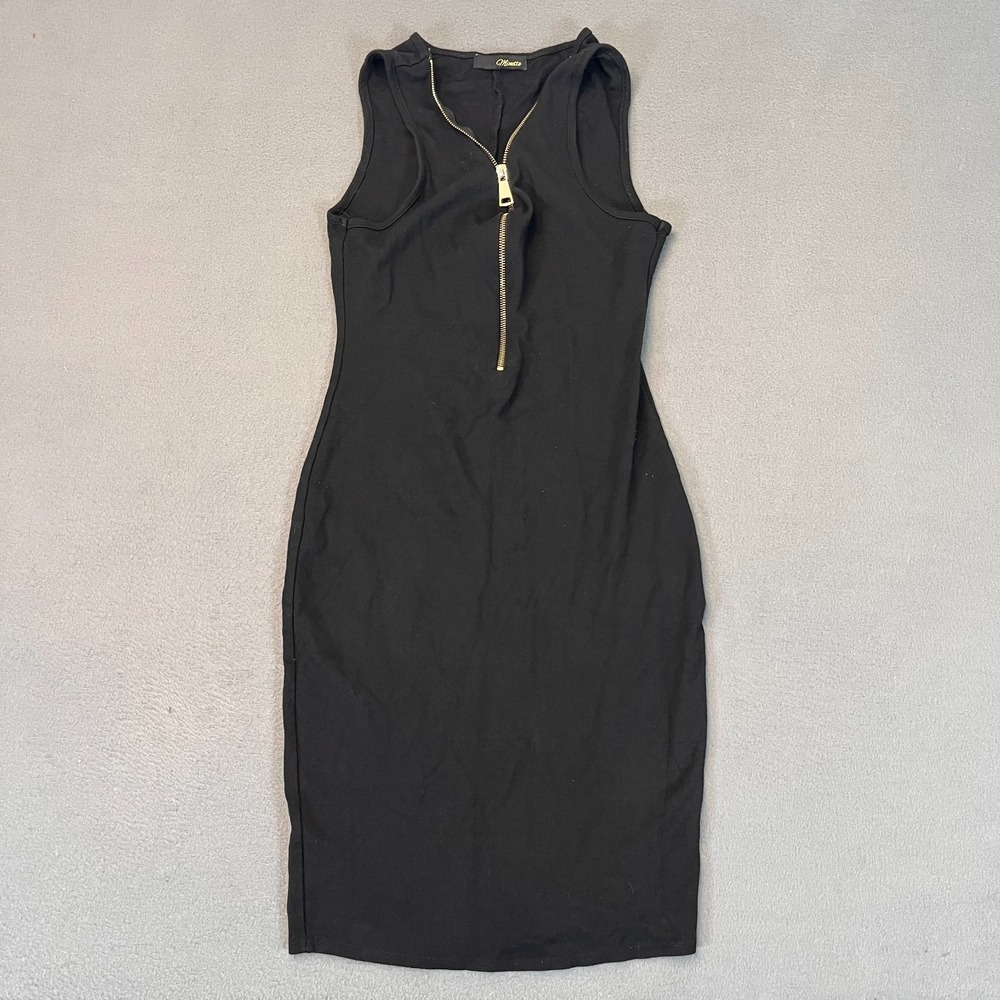 Minette Women's Sz Sm‎ Black Bodycon Dress Gold Tone Half Zip Sleeveless Party